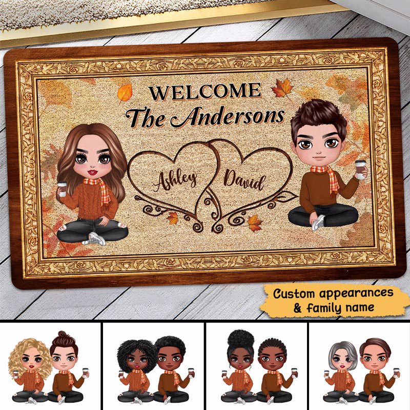 Fall Season Leaves Welcome Couple Family Personalized Doormat