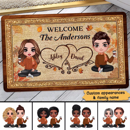 Fall Season Leaves Welcome Couple Family Personalized Doormat
