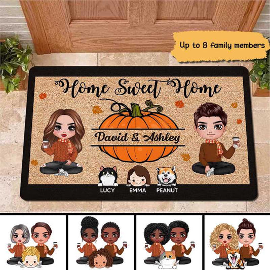 Fall Season Home Sweet Home Doll Couple Kids Dogs Cats Personalized Doormat